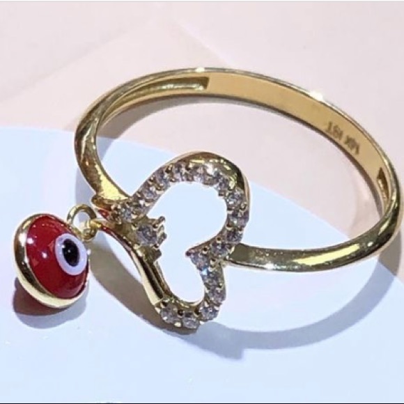 New 14K yellow Gold red evil eye CZ heart Ring - Picture 2 of 8